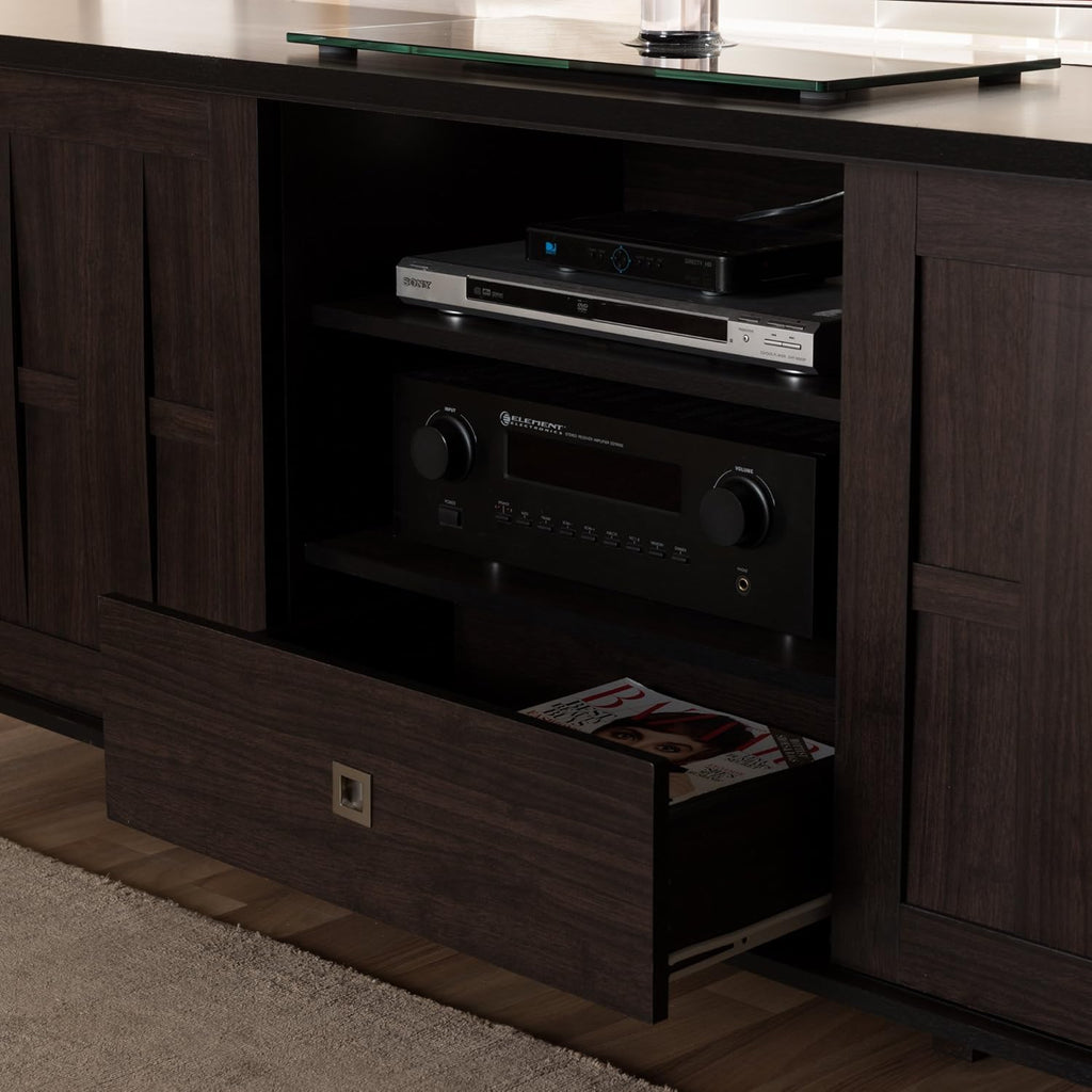 Dark Brown Wood TV Cabinet with 2 Sliding Doors and Drawer V285