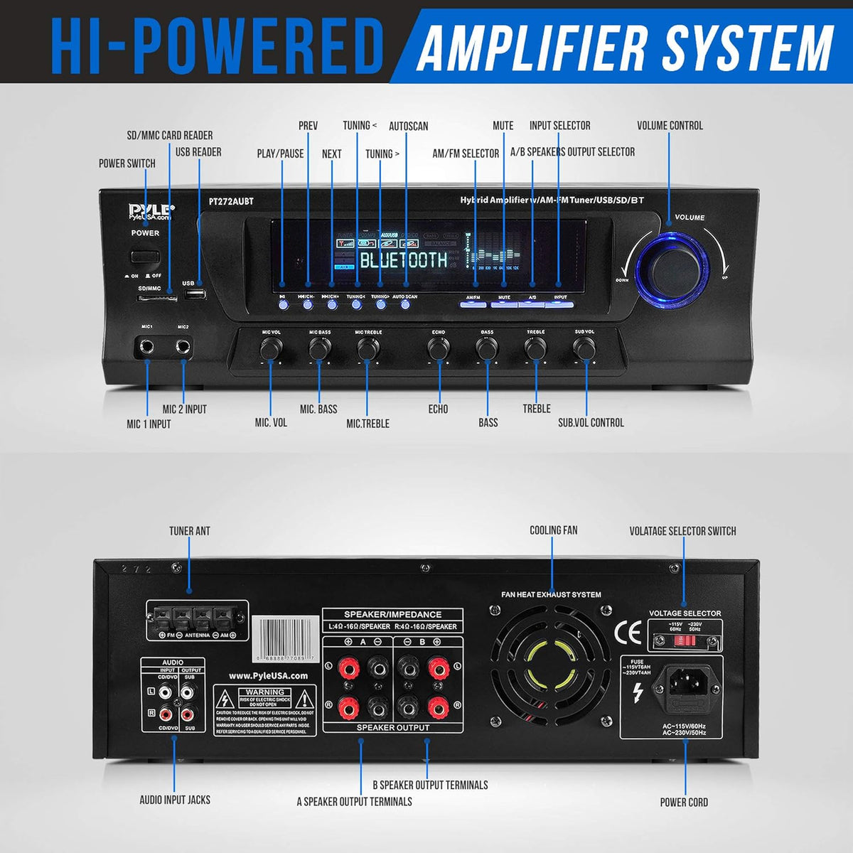 300W 4 Channel Wireless Bluetooth Audio Power Amplifier T751717