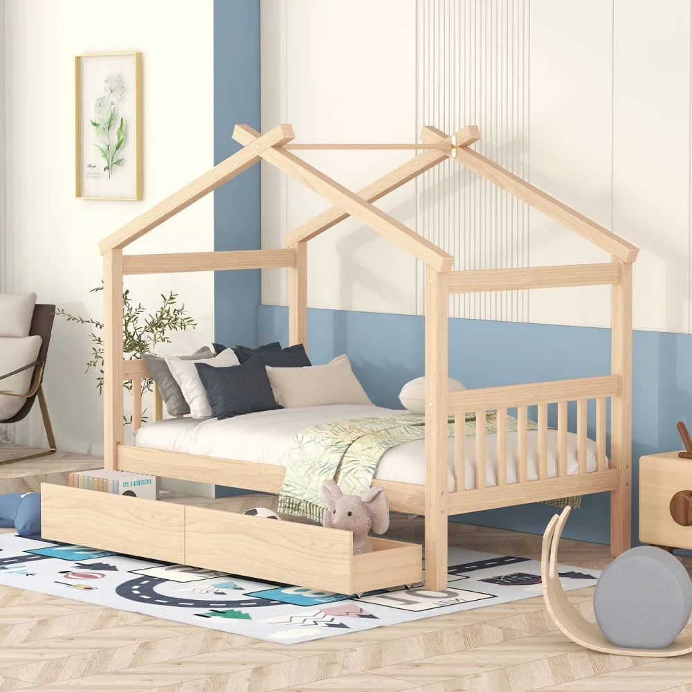 White Twin Size Solid Wood House Bed with Trundle B30948