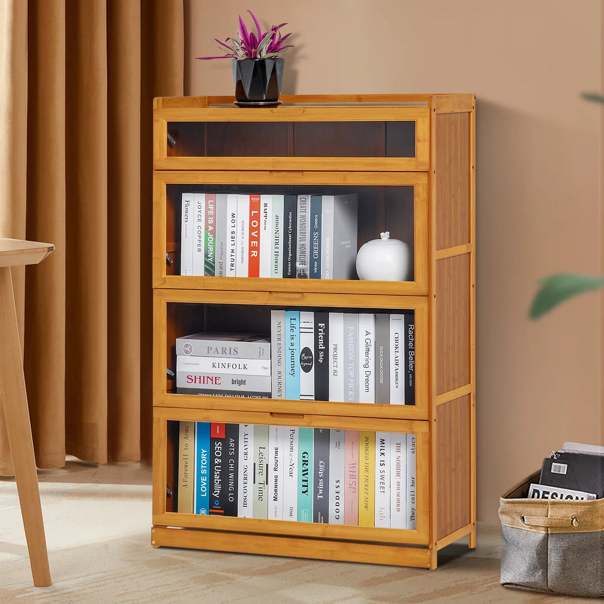 Bamboo 4 Tiers Bookcase with Acrylic Doors N798967