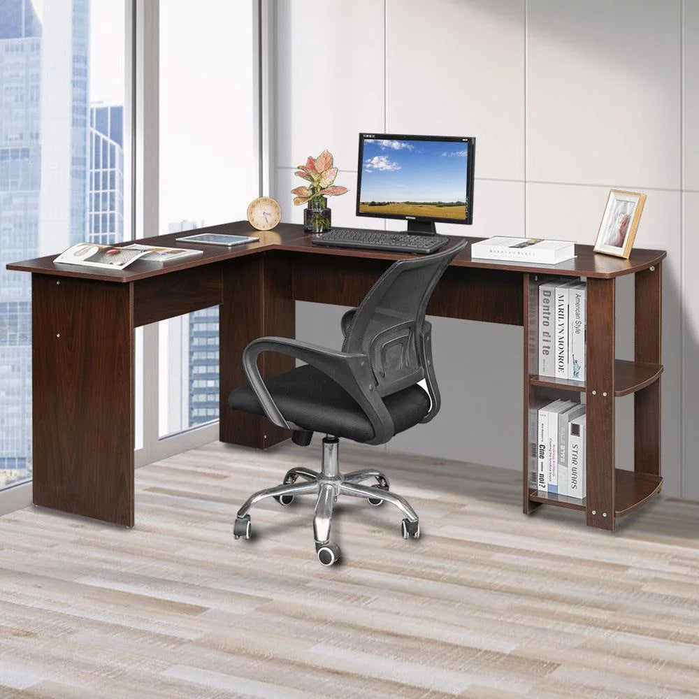 L-Shaped Wood Corner Desk with Bookshelves K833