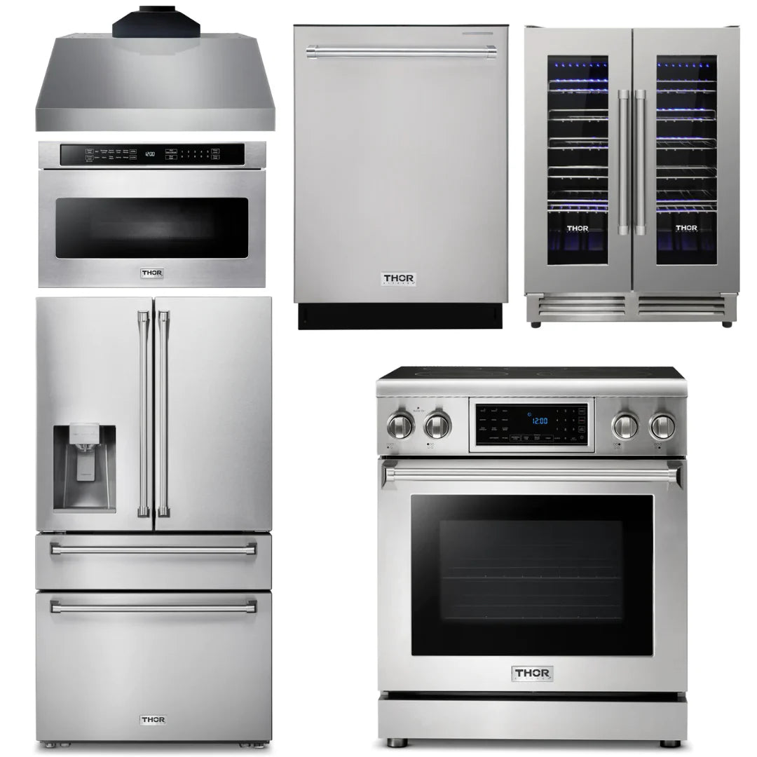 30 Electric Range, Range Hood, Microwave, Refrigerator, Dishwasher, Wine Cooler R57383