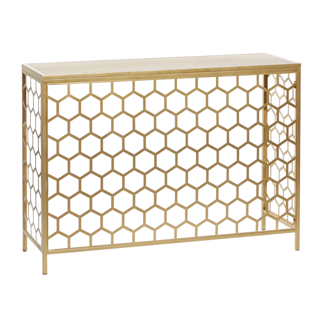 42" x 30" Gold Metal Honeycomb Pattern Console Table with Brown Wood Top N23042