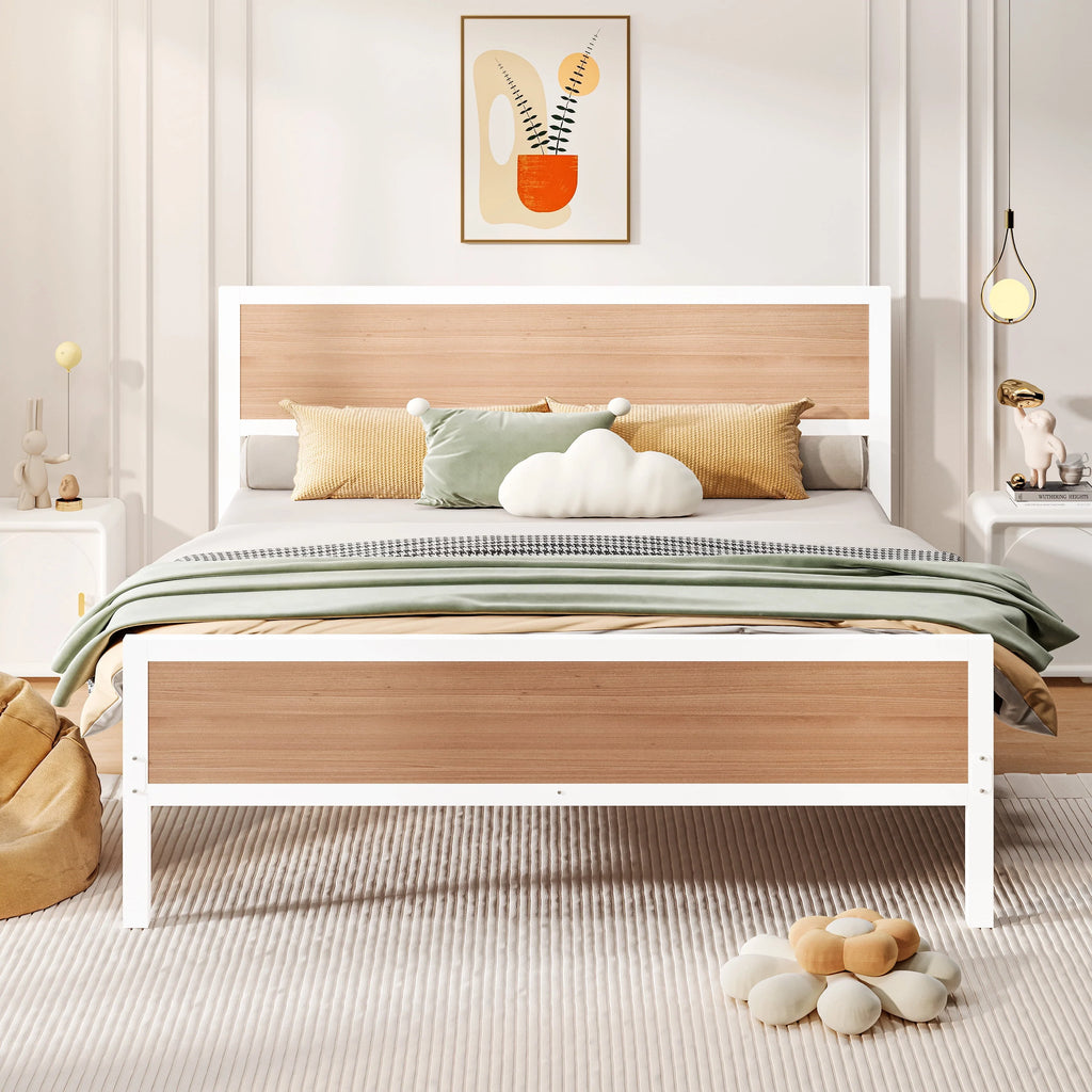 White Full Size Metal Platform Bed Frame with Headboard and Footboard W100508