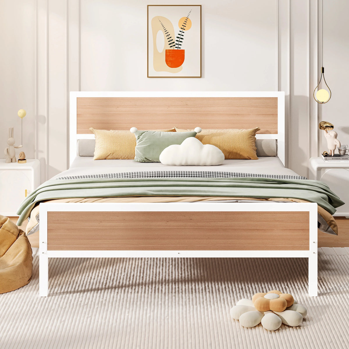 White Full Size Metal Platform Bed Frame with Headboard and Footboard W100508
