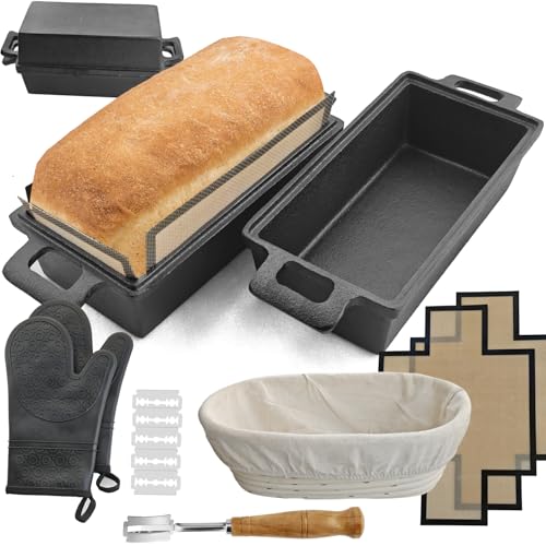 2-In-1 Cast Iron Loaf Pan Rectangular Baking Pan with Banneton Bread Proofing Basket Set D158