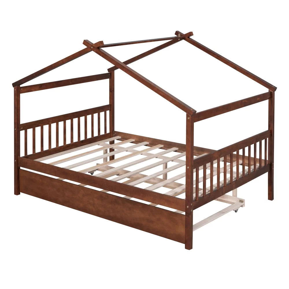 White Twin Size Solid Wood House Bed with Trundle B30948