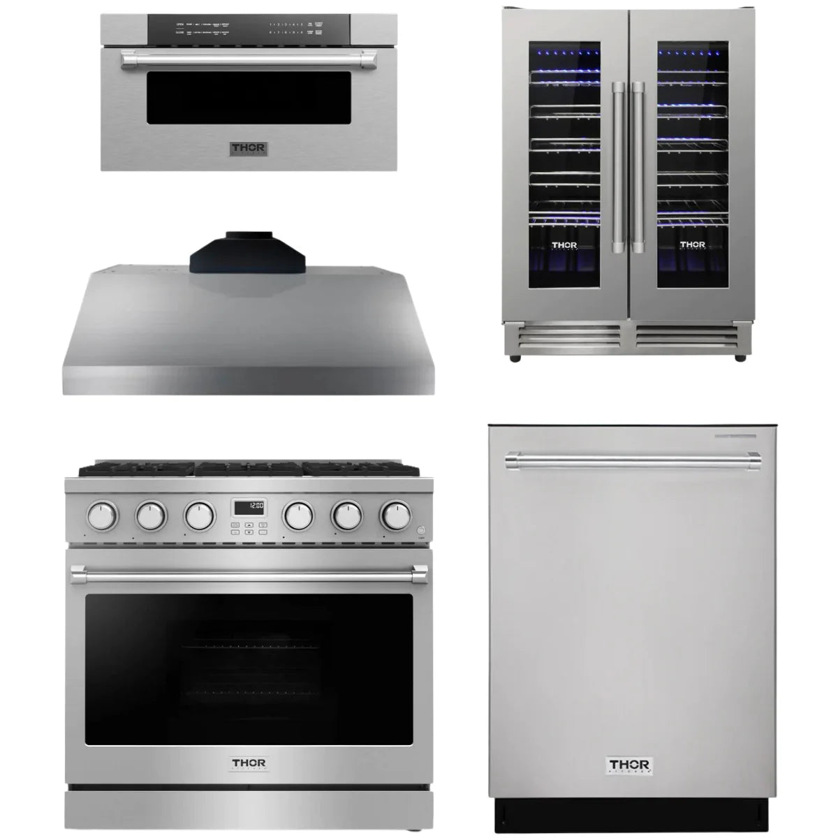 36 Gas Range, Range Hood, Dishwasher, Microwave and Wine Cooler H173