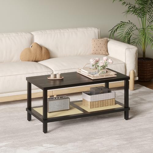 Rattan Coffee Table, 2-Tier Wooden Center Table, 39.3 Inch K868