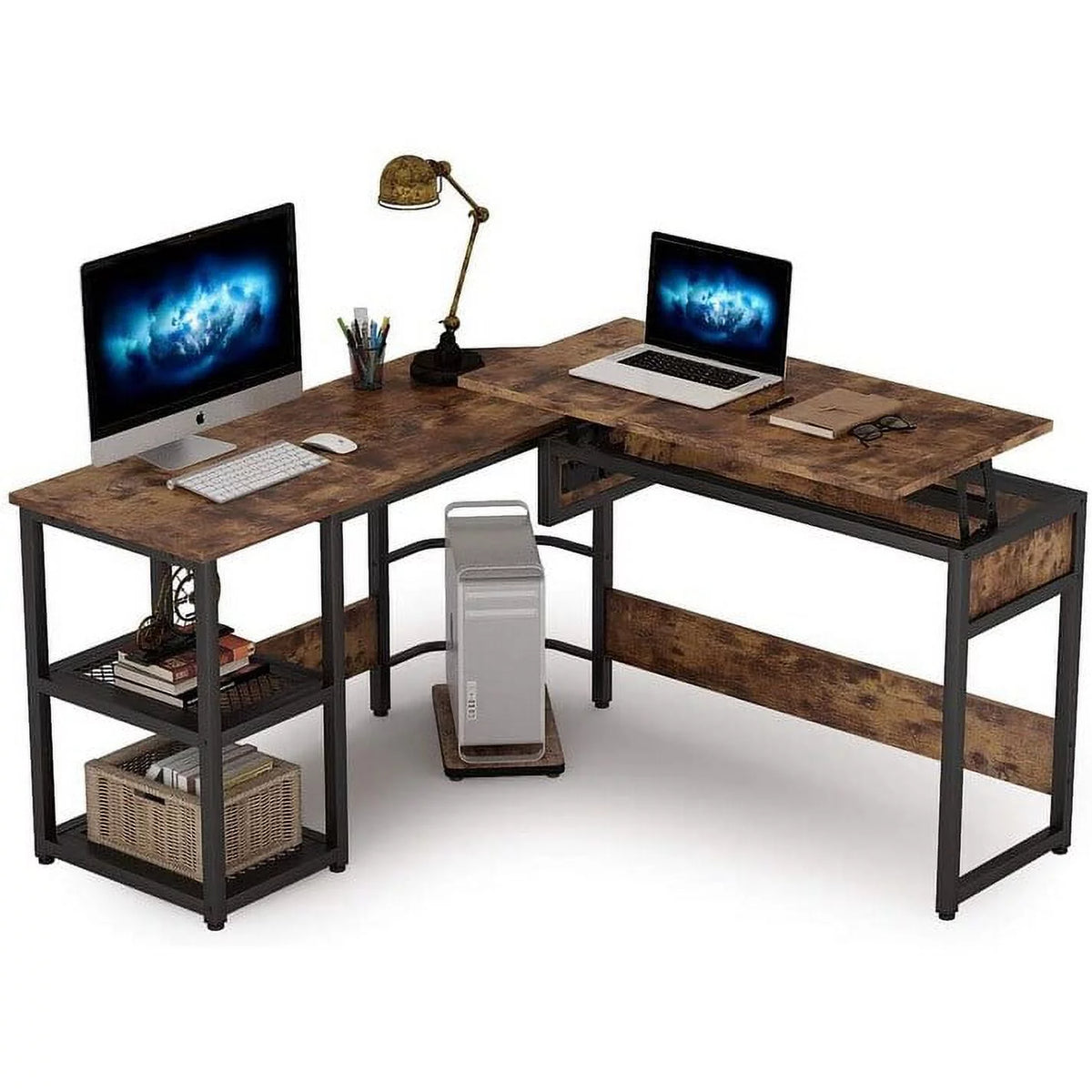 L-Shaped Height Adjustable Computer Desk with Shelves X741