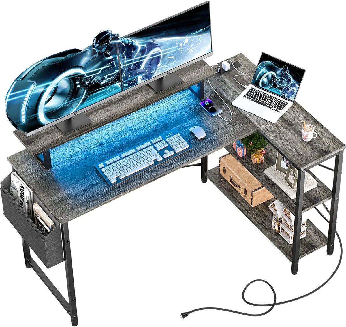 Black Oak L Shaped Desk with Power Outlet and Storage Shelves Q292