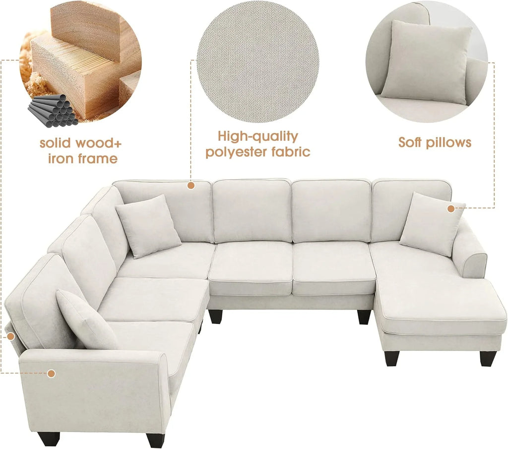 Beige 7-Seat U Shape Fabric Sectional Sofa with 3 Pillows G496071