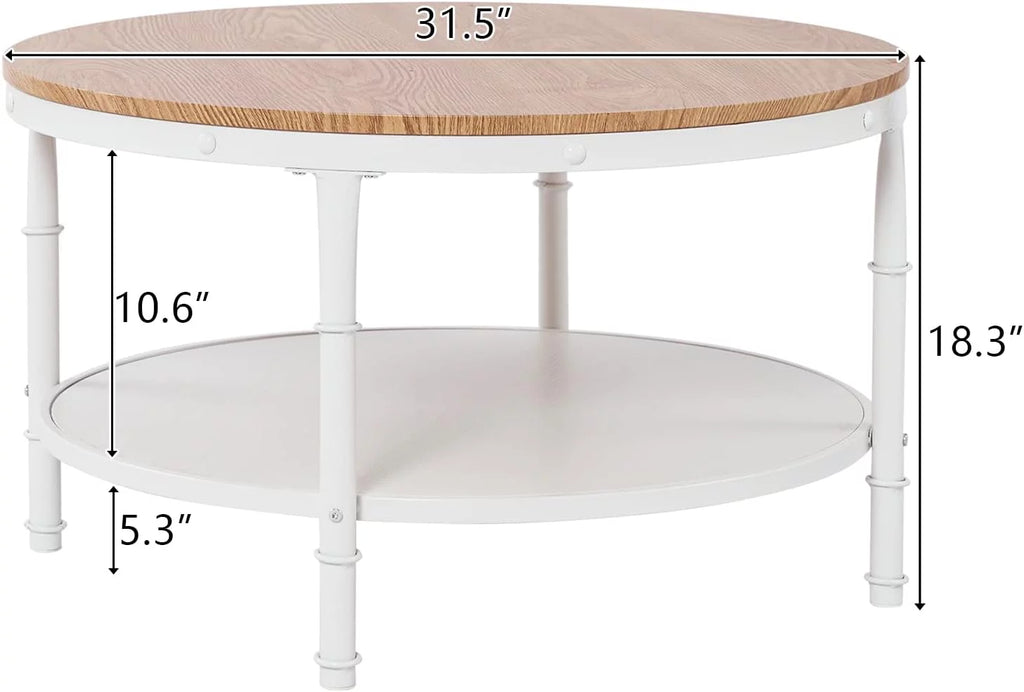 Natural White Round 2-Tier Storage Wood Coffee Table with Metal Frame J108