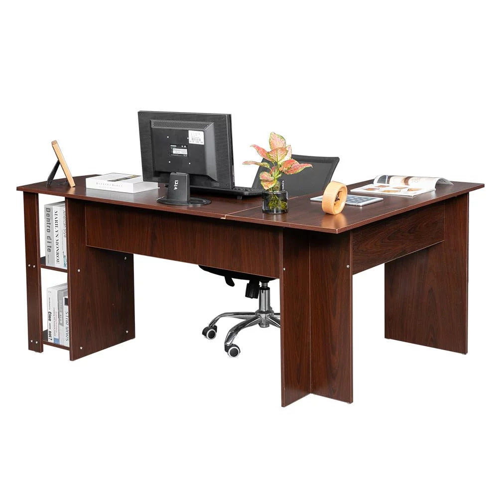 L-Shaped Wood Corner Desk with Bookshelves K833