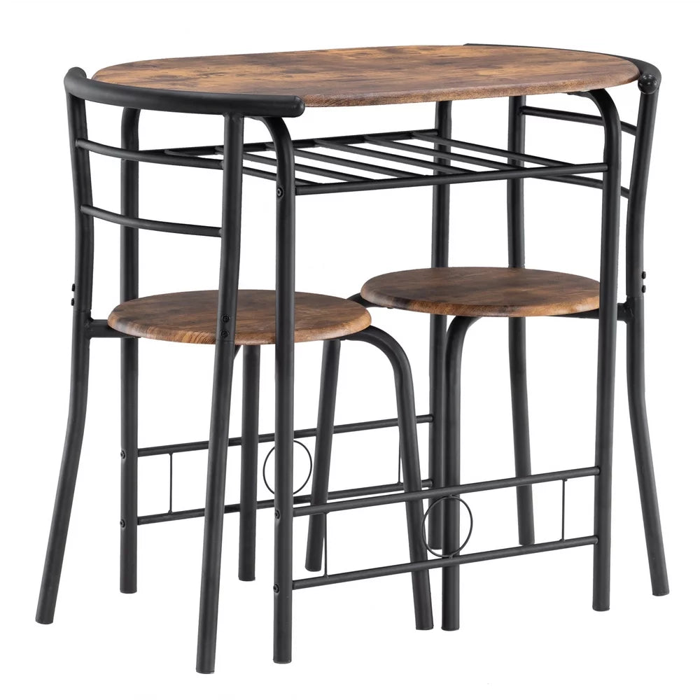 Brown 3 Piece Wood Top Dining Set with Storage Rack P8002
