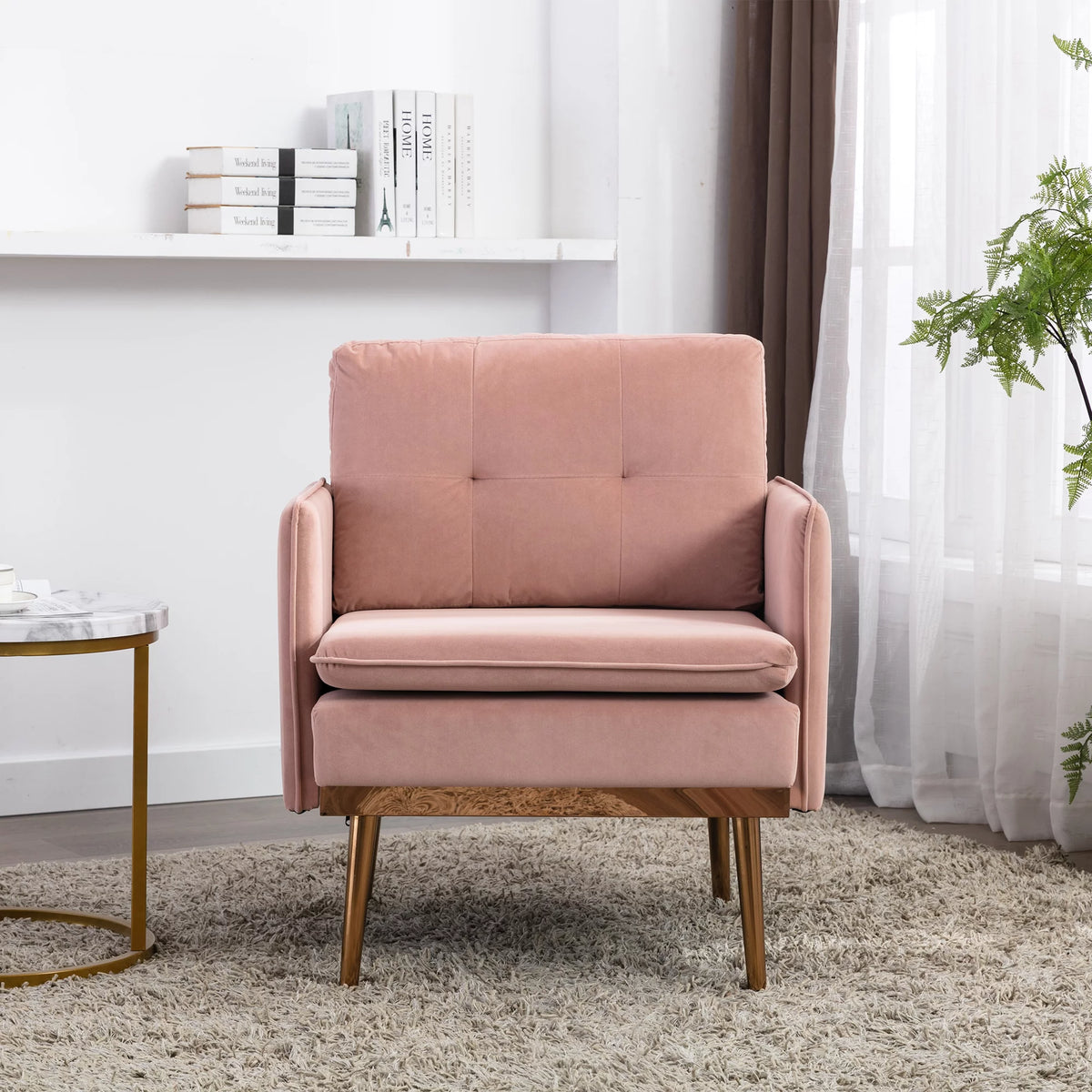 Pink Upholstered Accent Chair with Solid Wood Legs I4248