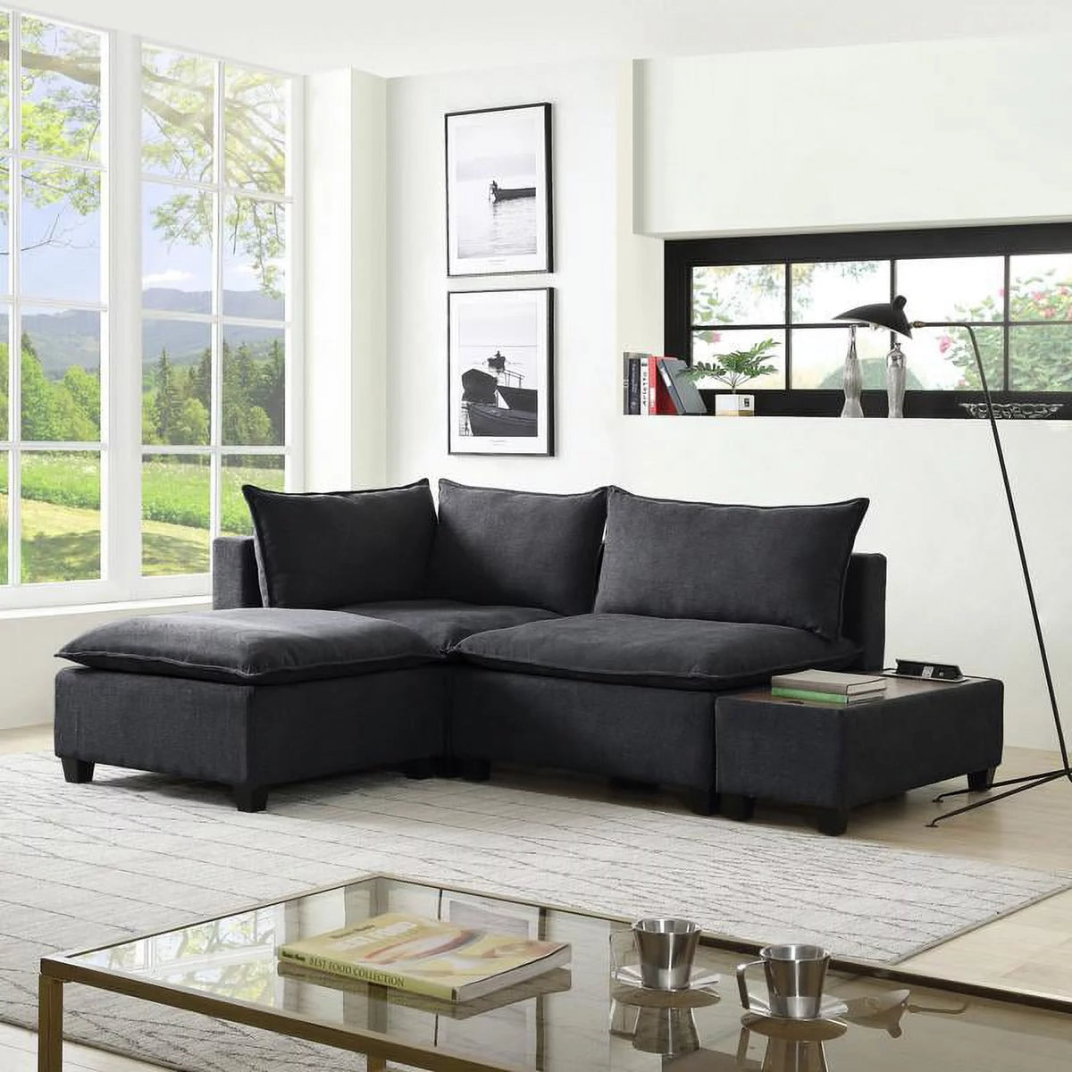 Dark Gray Woven Fabric Sectional Loveseat Sofa with Ottoman R667833