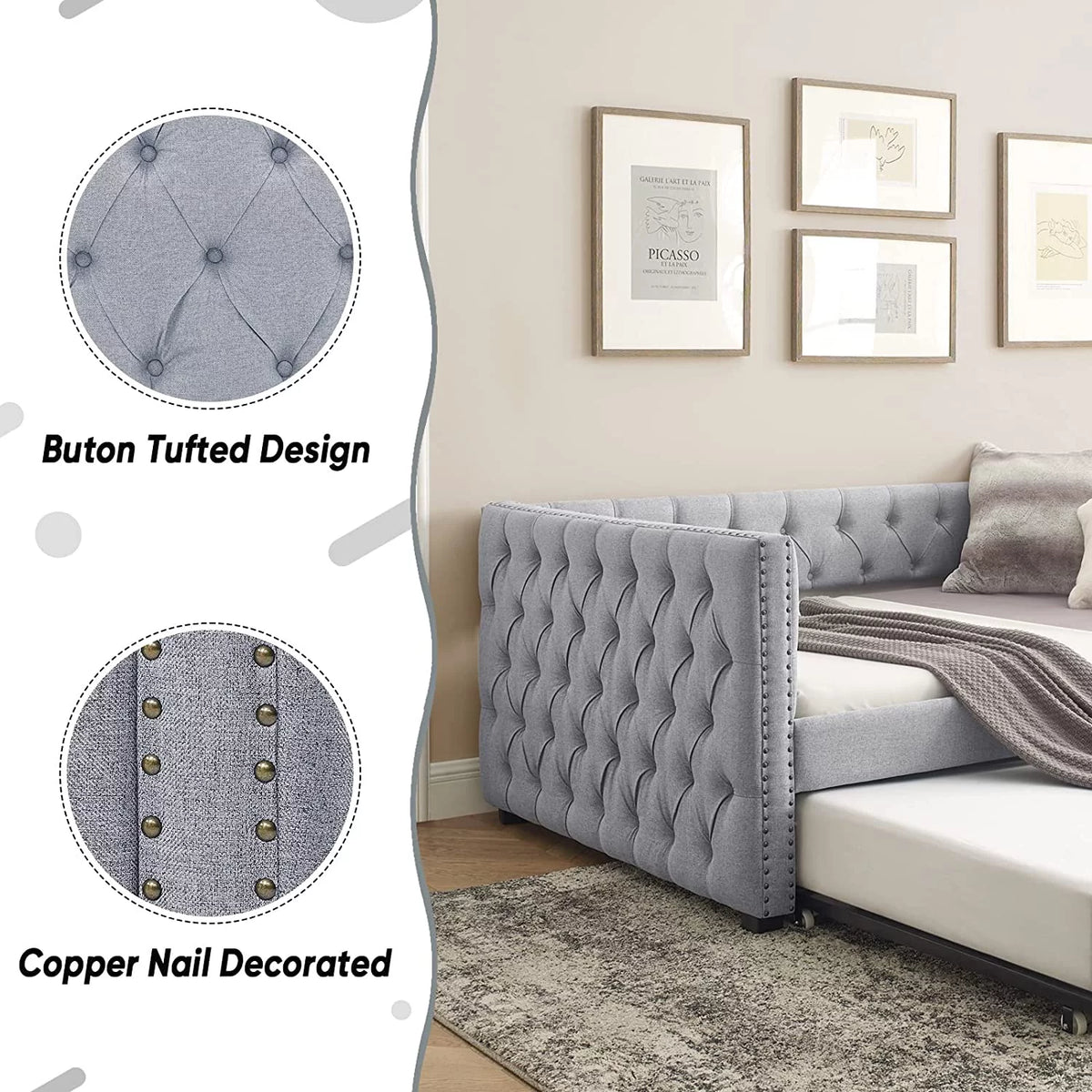 Light Grey Linen Upholstered Twin Size Daybed with Trundle Z1859