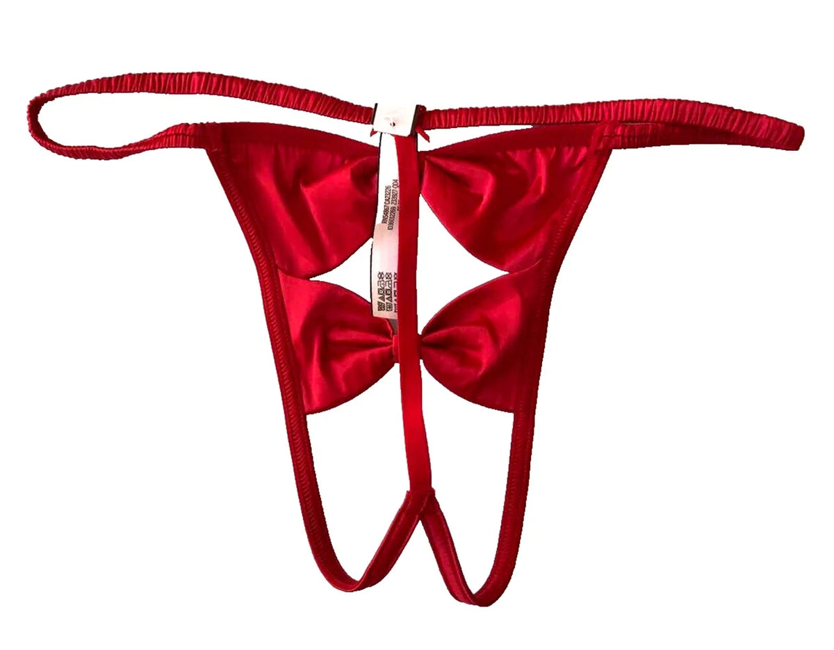 Red Crotchless Satin Bow V-String Panty D308