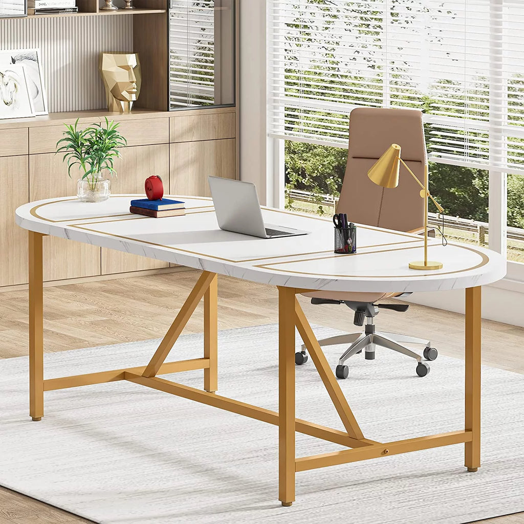 70.8" White and Gold Executive Desk H851283