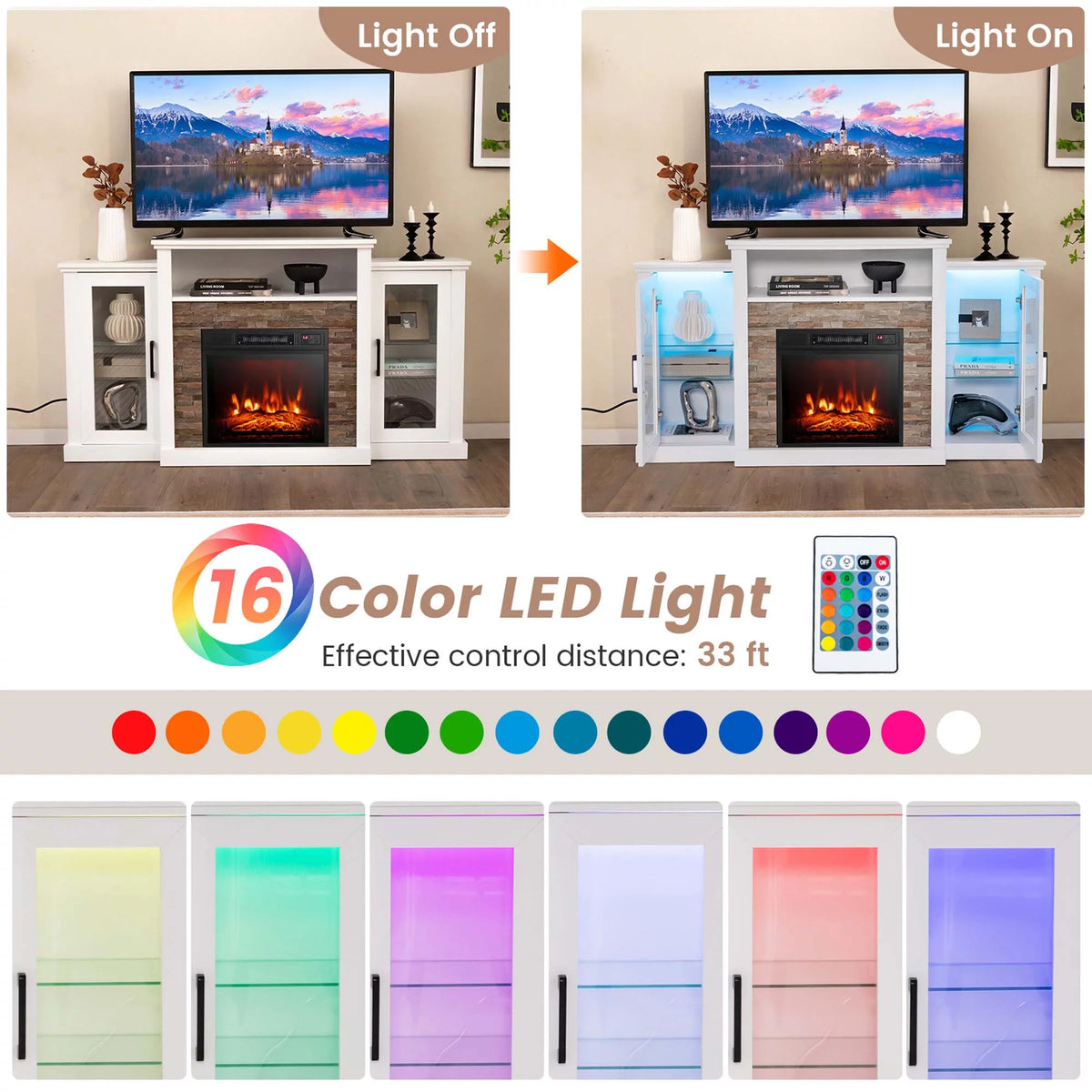 White Fireplace TV Stand with LED Lights & 18'' Electric Fireplace V174815