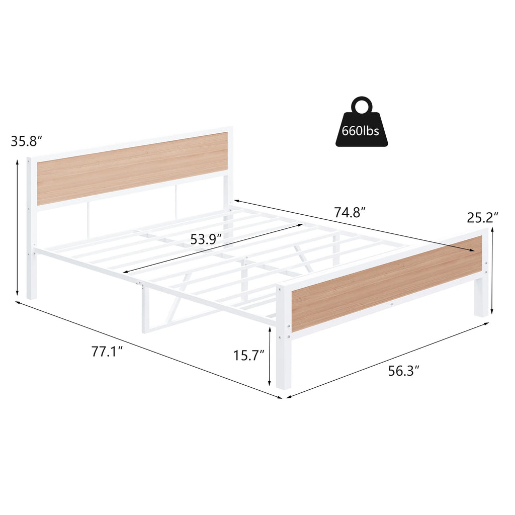 White Full Size Metal Platform Bed Frame with Headboard and Footboard W100508
