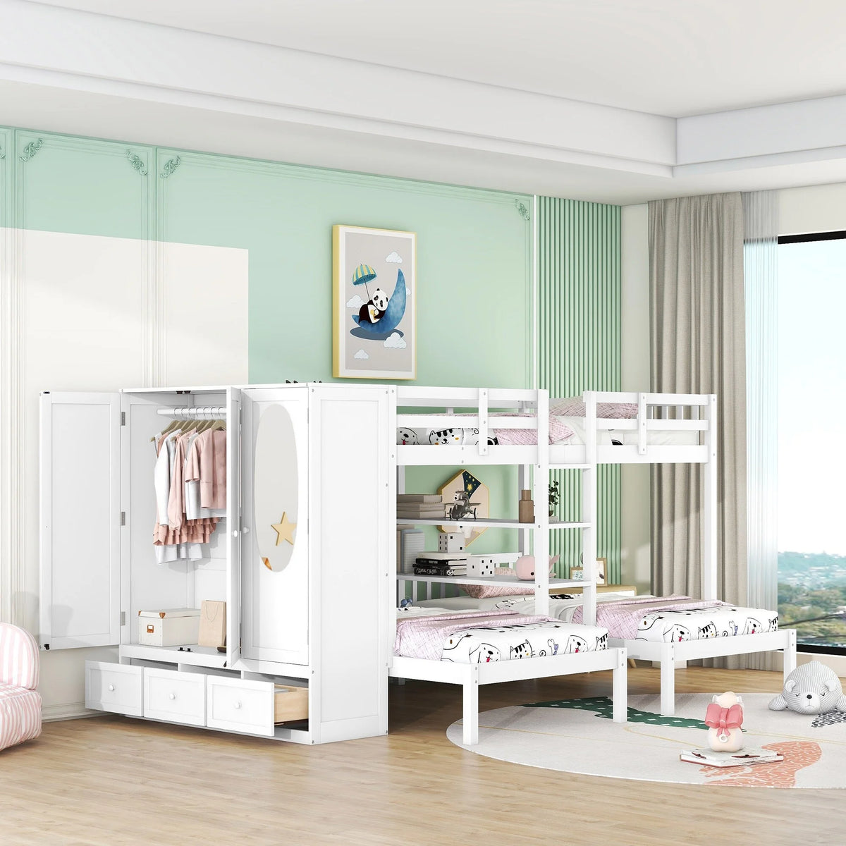 White Full-Over-Twin-Twin Bunk Bed with Shelves, Wardrobe, Mirror, and Storage M9774
