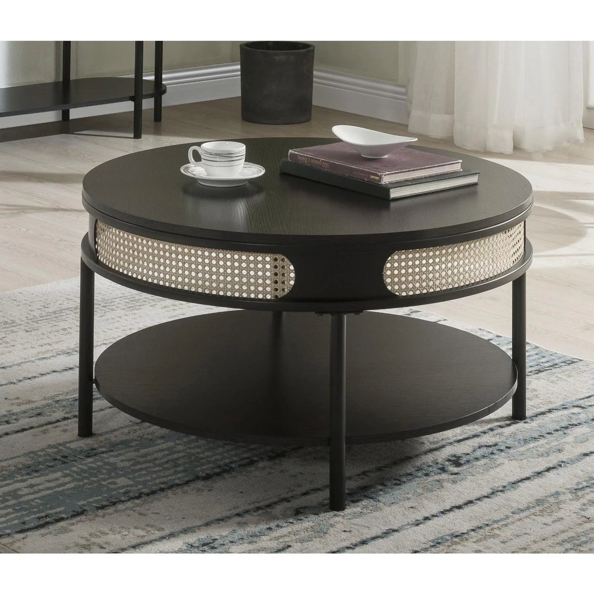 Round Wood Top Coffee Table with Bottom Shelf in Black A4338