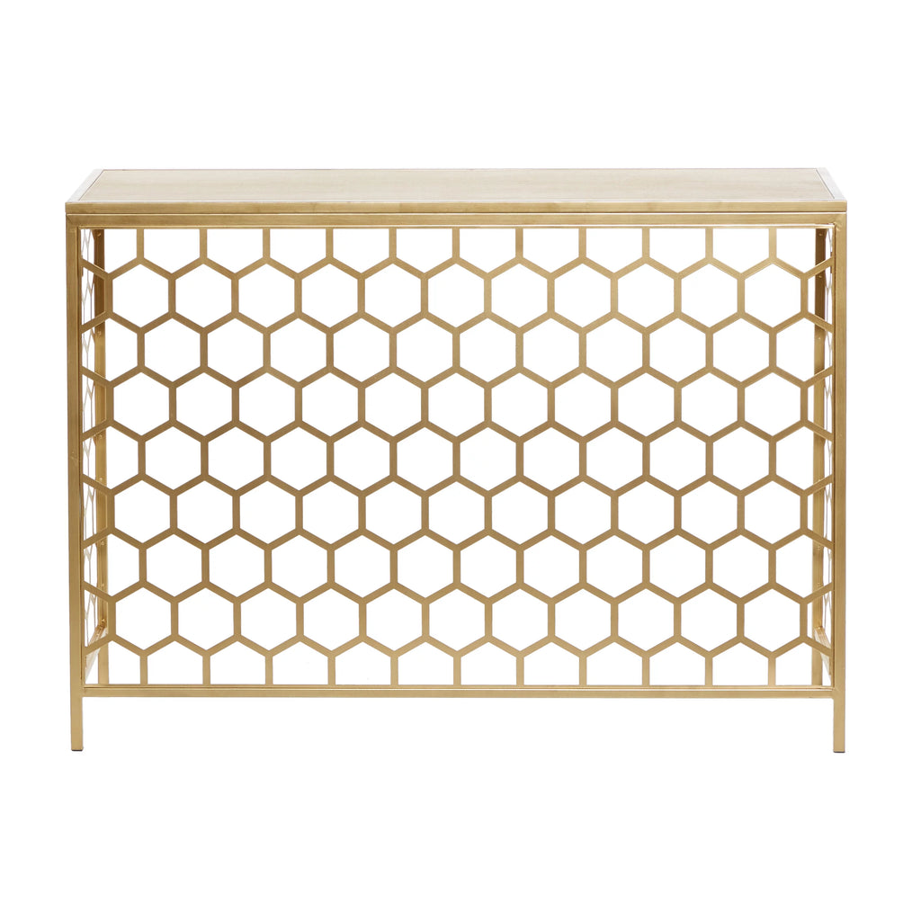 42" x 30" Gold Metal Honeycomb Pattern Console Table with Brown Wood Top N23042