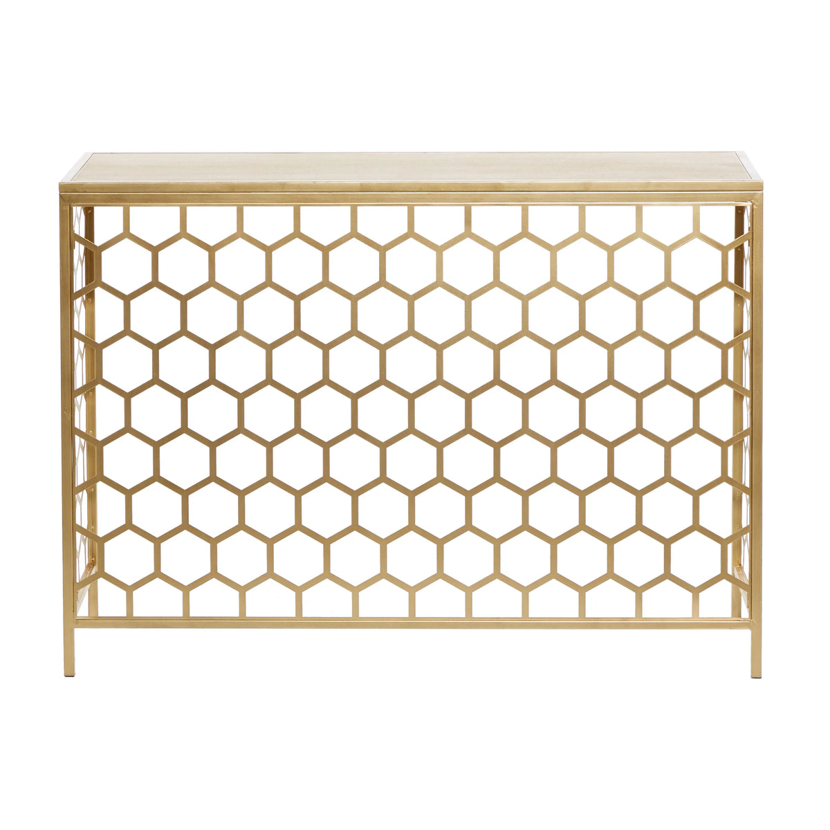 42" x 30" Gold Metal Honeycomb Pattern Console Table with Brown Wood Top N23042