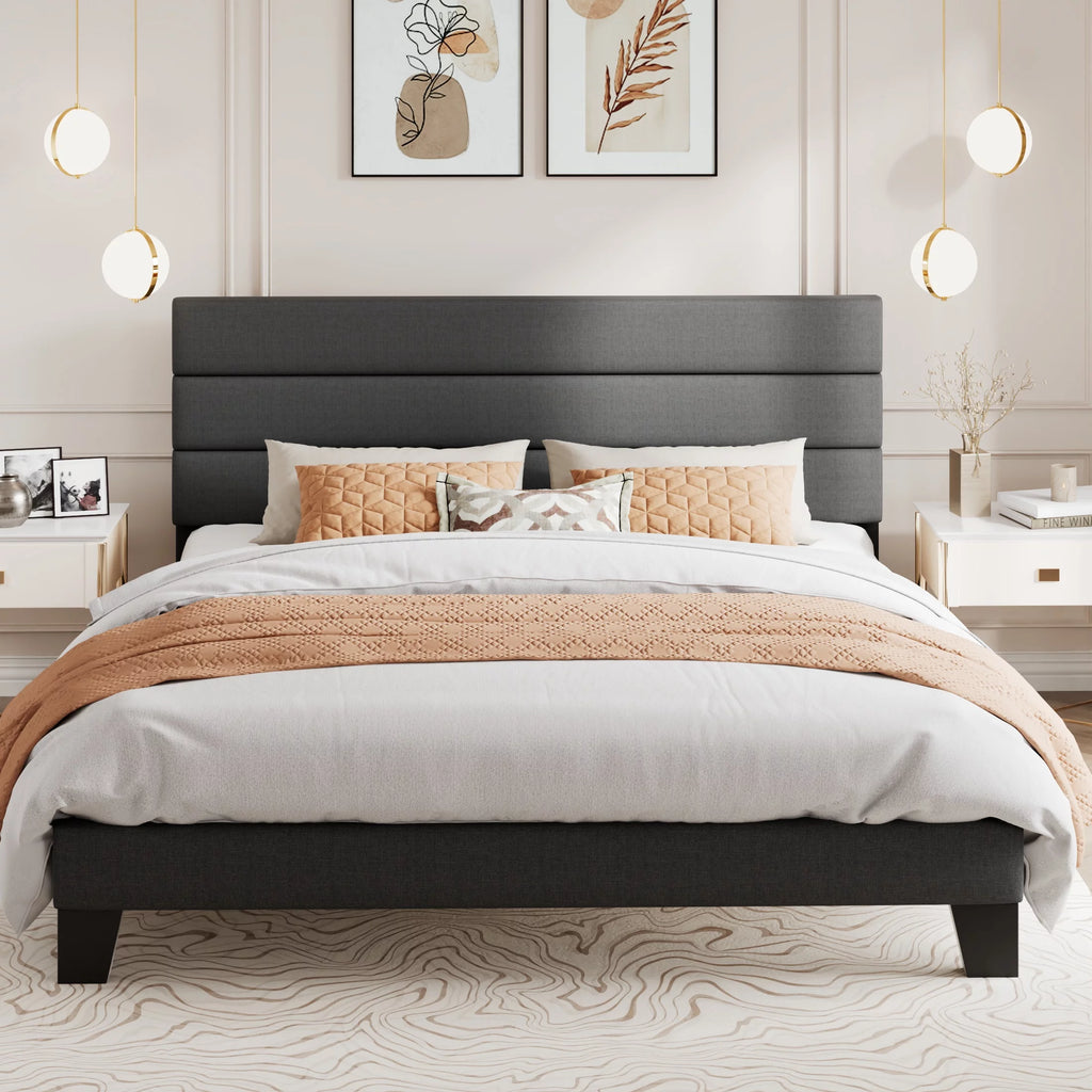 Queen Size Black Velvet Upholstered Platform Bed Frame with Headboard B4609