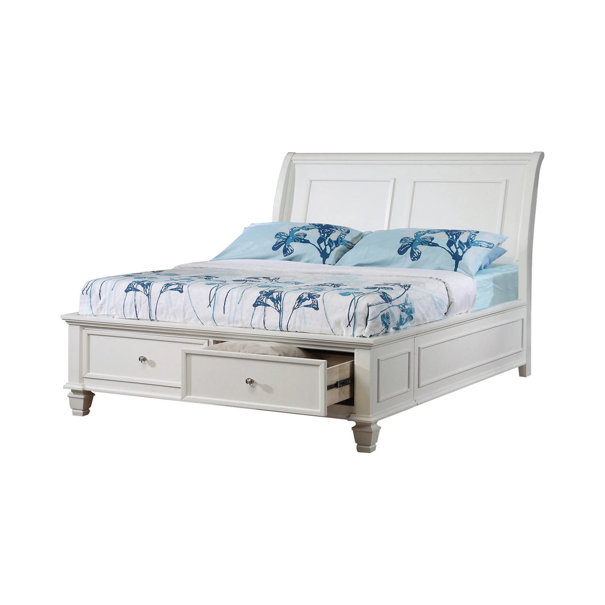 White Full Sleigh Bed with Footboard Storage W7505
