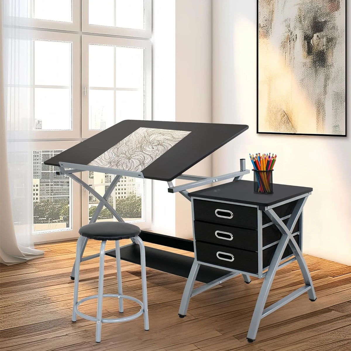 Height Adjustable Art Desk with 3 Storage Drawers W770