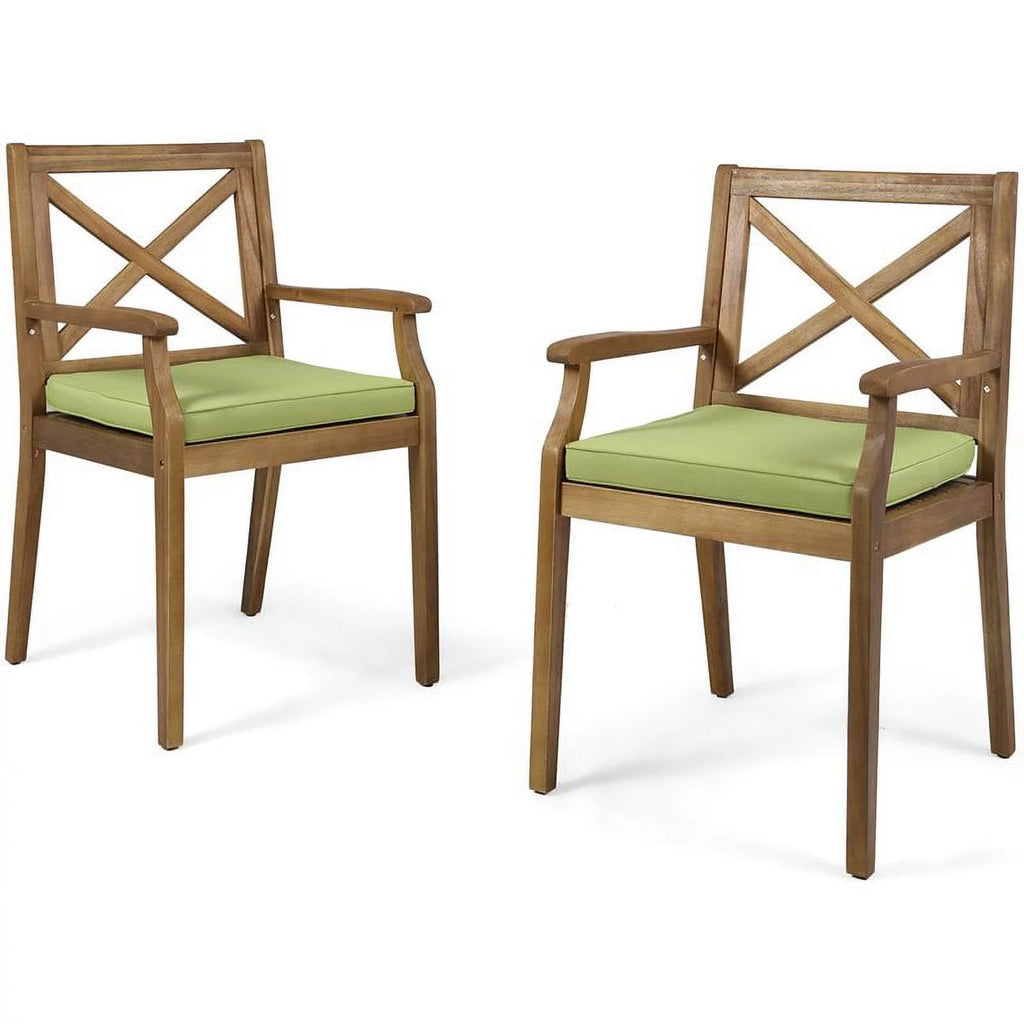 Teak and Green Wooden Patio Dining Arm Chair Set of 2 A945