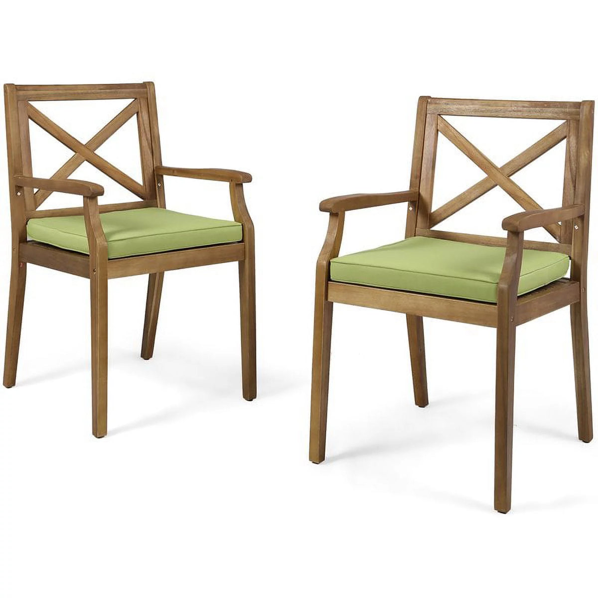 Teak and Green Wooden Patio Dining Arm Chair Set of 2 A945