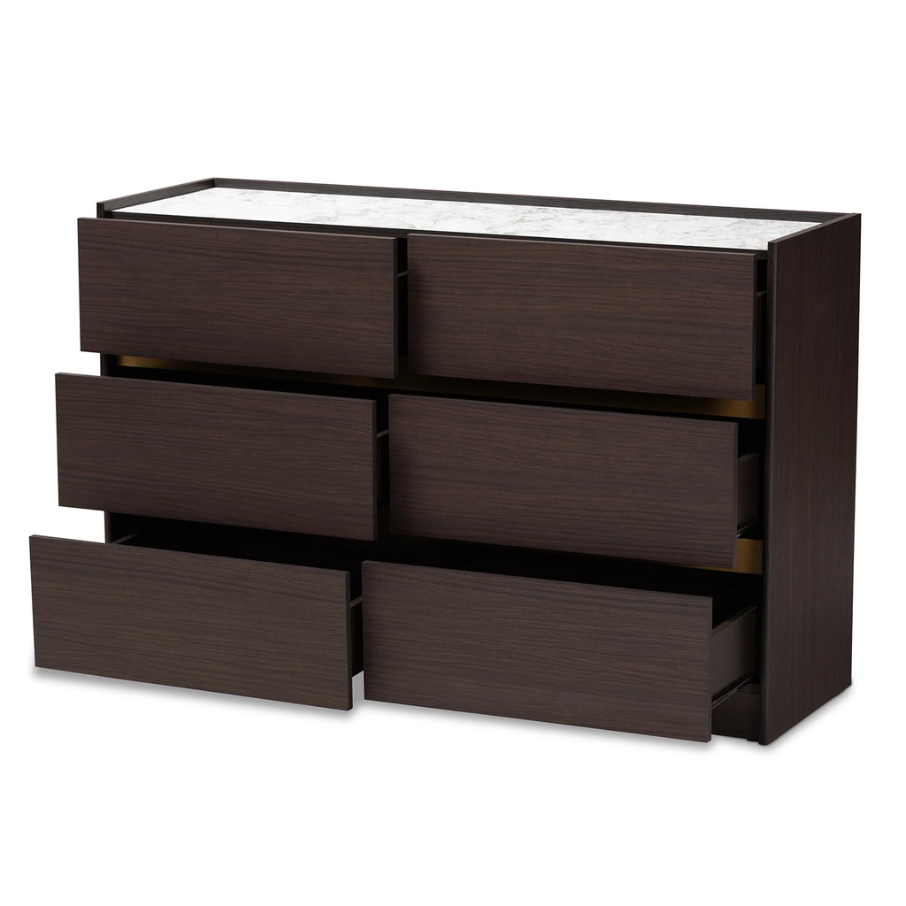 Dark Brown Gold Wood 6-Drawer Dresser with Faux Marble Top K27144