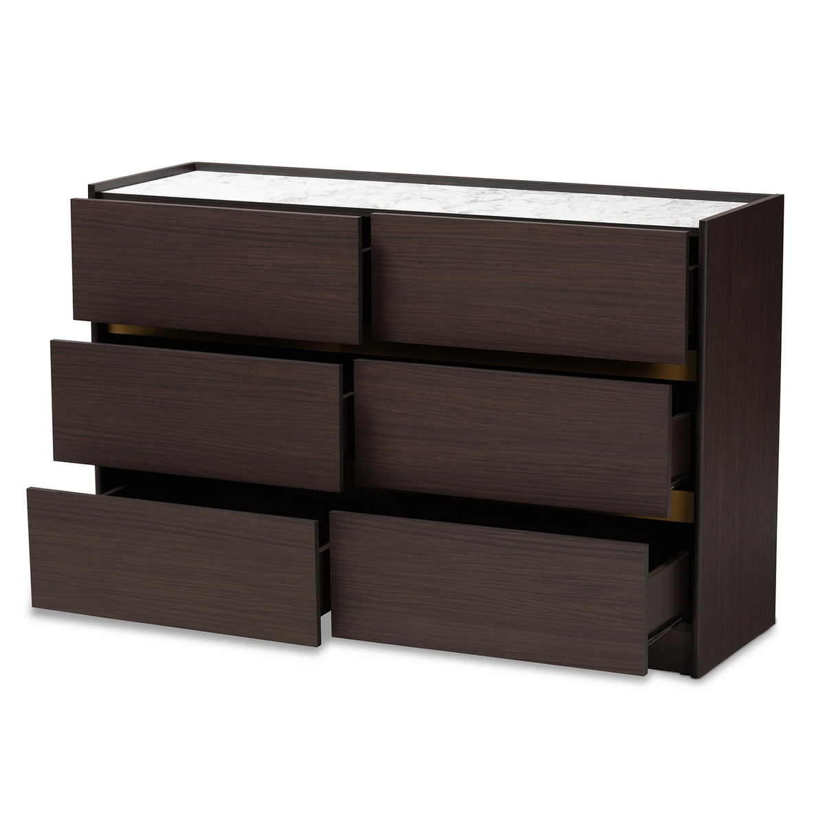 Dark Brown Gold Wood 6-Drawer Dresser with Faux Marble Top K27144