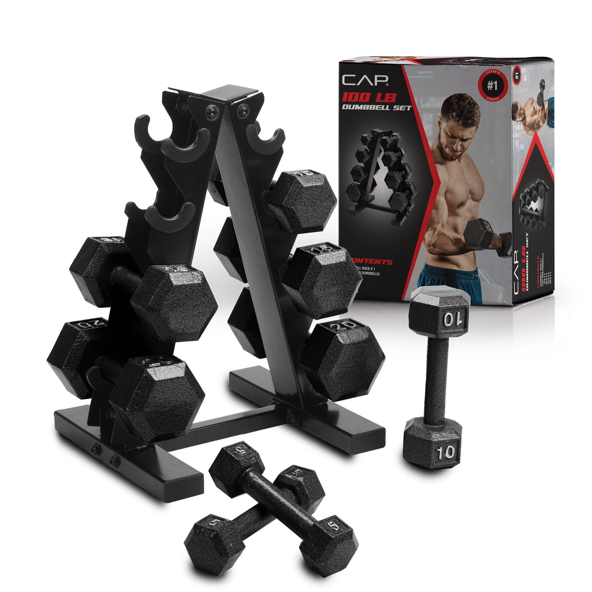 100 lb Cast Iron Hex Dumbbell Weight Set with Rack J509393