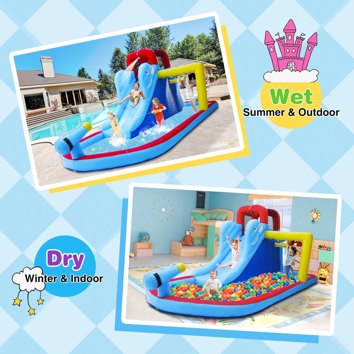 Kids Inflatable Water Slide Bouncer Playhouse Castle with Splash Pool, Climbing Wall, Basketball Hoop, Bag, Air Blower O830614