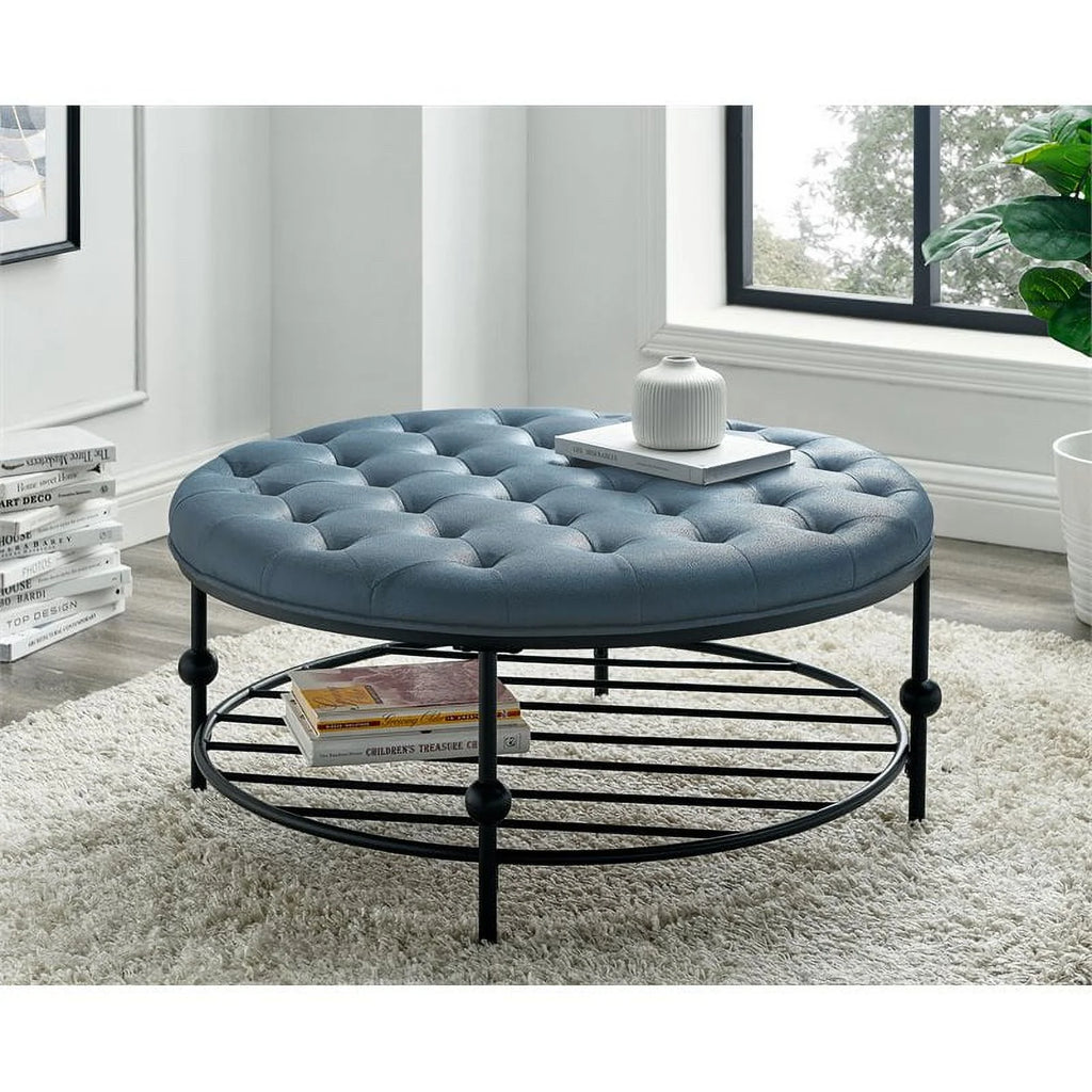 36" Round Faux Leather Tufted Cocktail Ottoman in Blue A6849