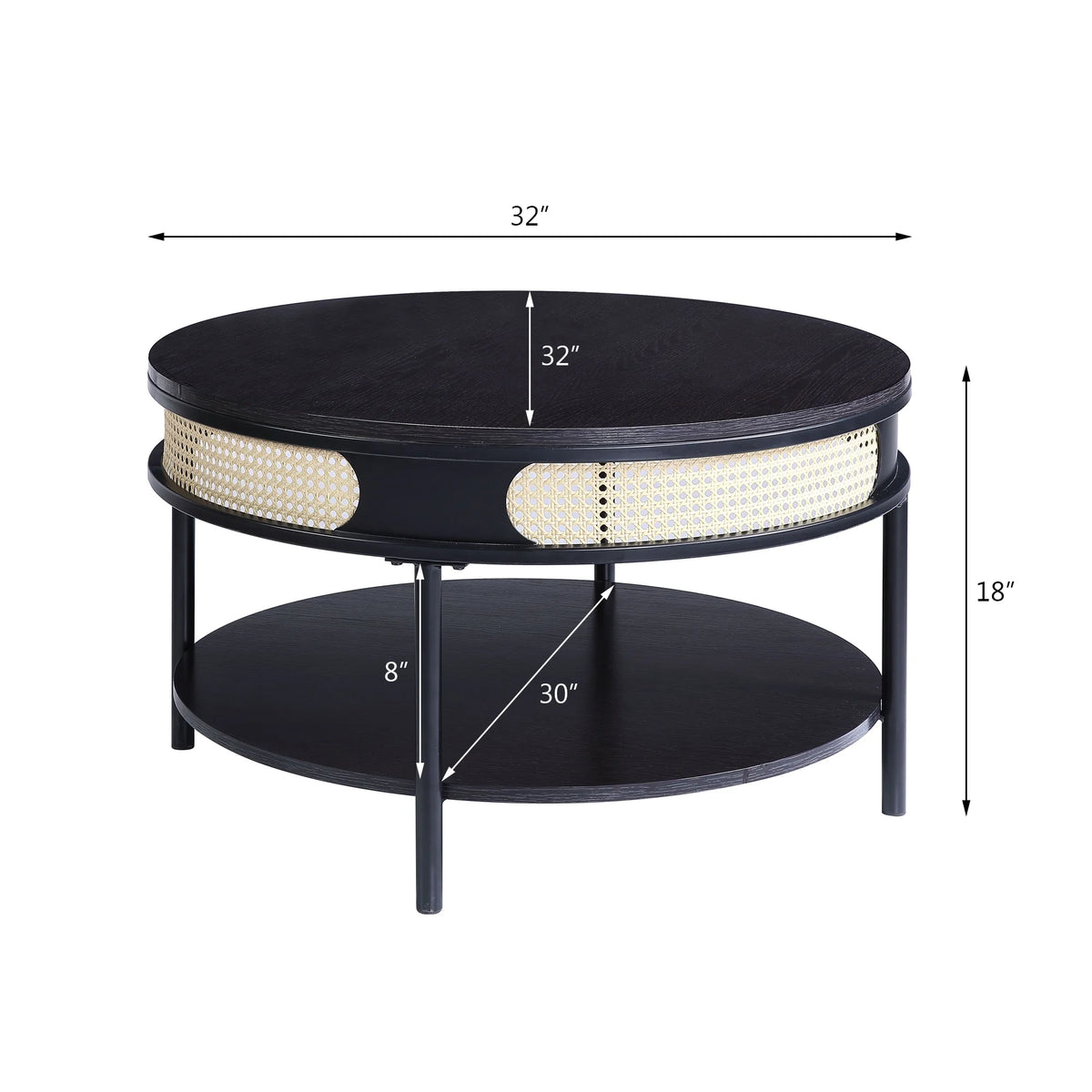 Round Wood Top Coffee Table with Bottom Shelf in Black A4338