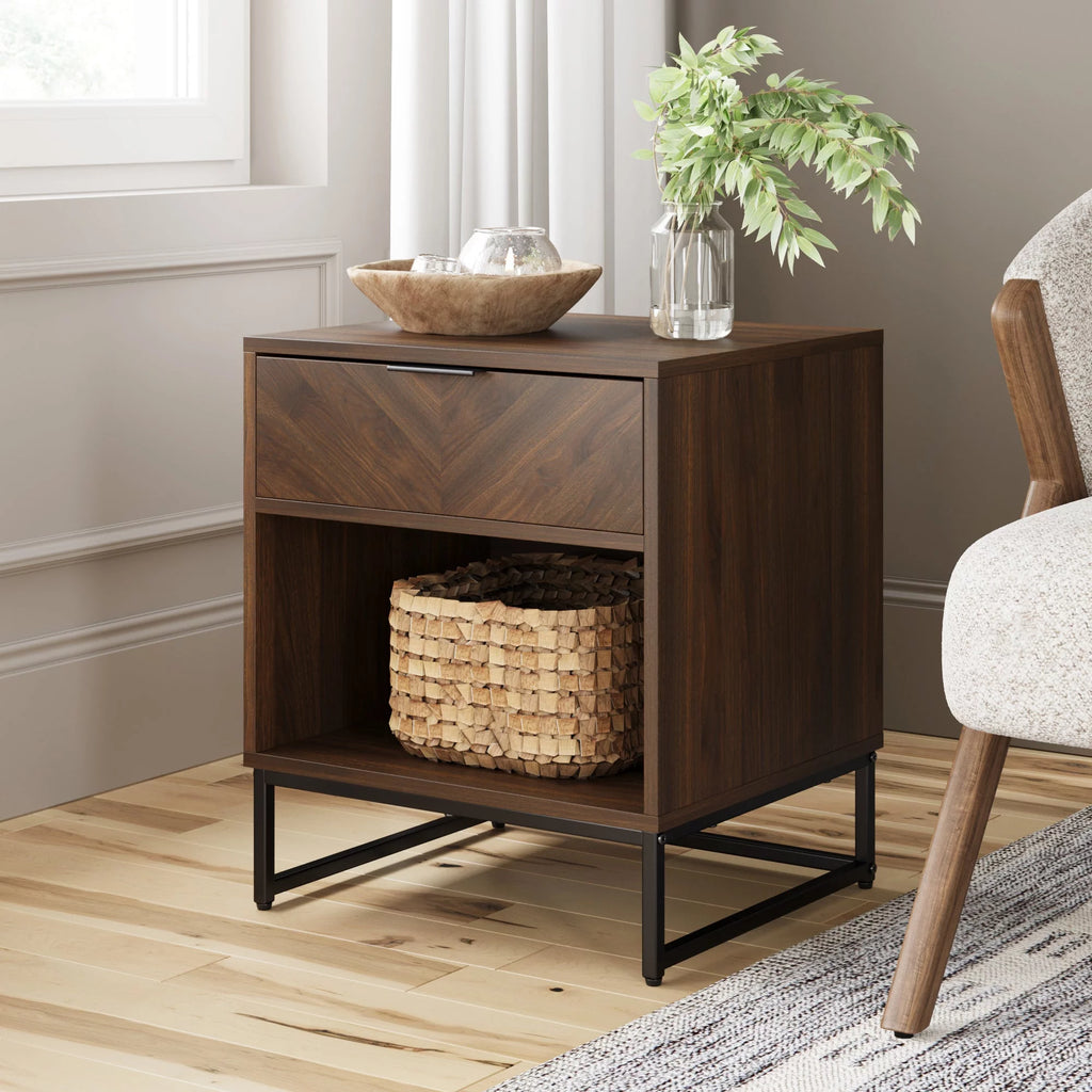 Walnut Rustic Nightstand with Open Cubby and Drawer B832995