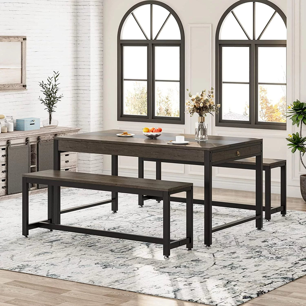 Dining Table with 2 Benches and Drawer P626