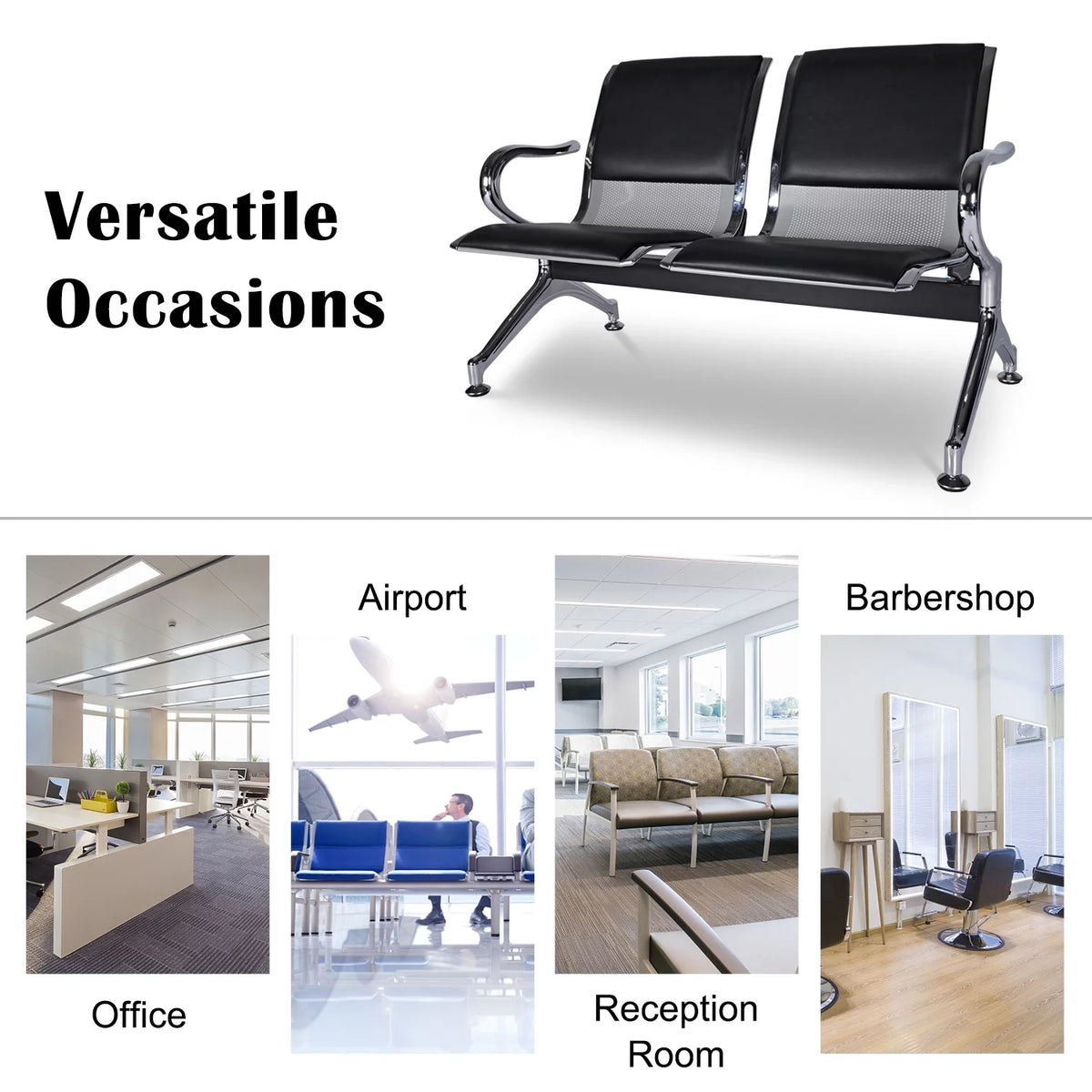 2-Seat Reception Chair with Arms PU Leather Black H441