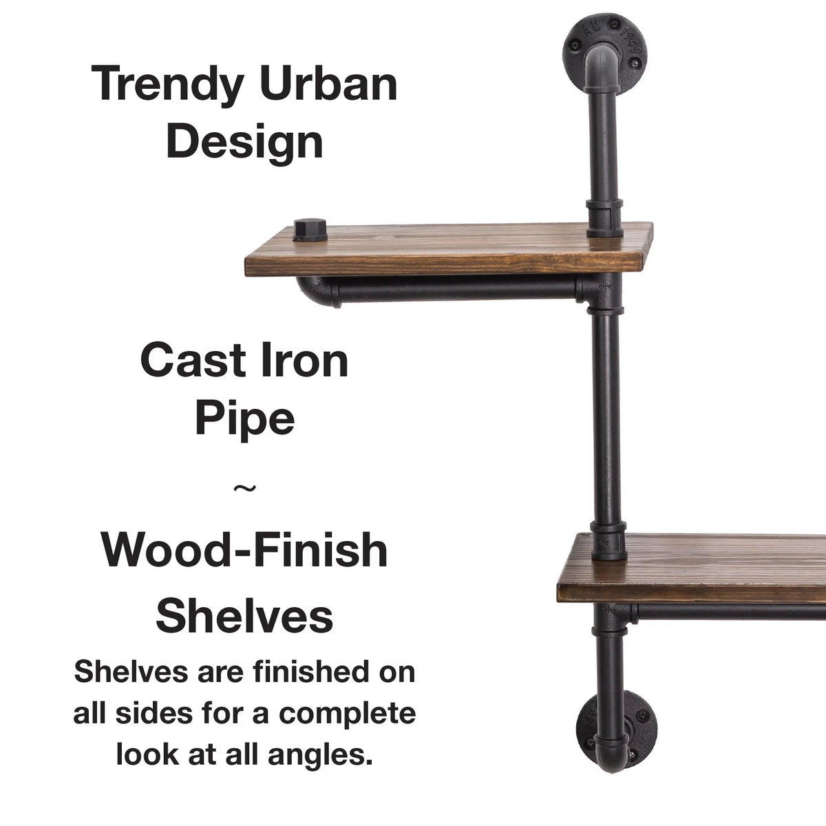3-Tier Wooden Wall Ladder Shelf with Iron Black Pipe Hardware U59271