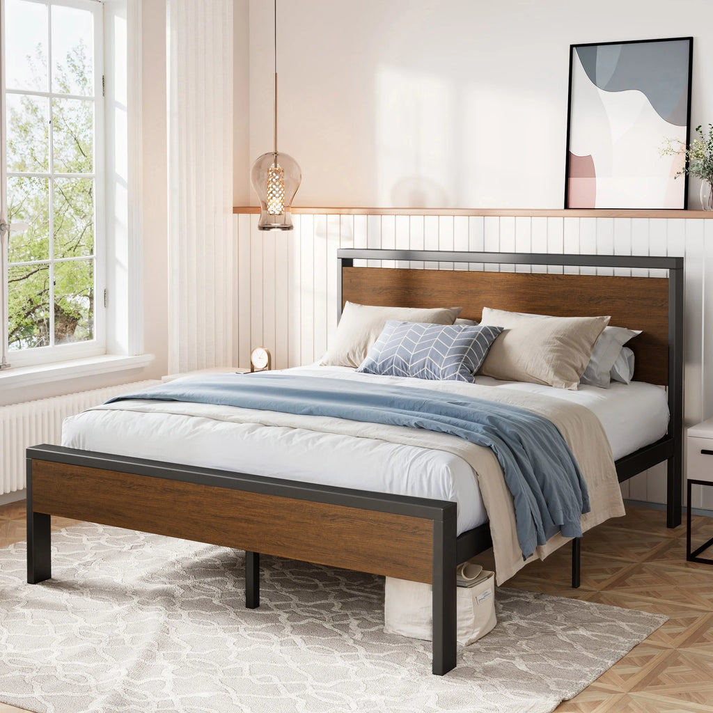 Queen Size Metal Platform Bed Frame with Wooden Headboard & Footboard I914