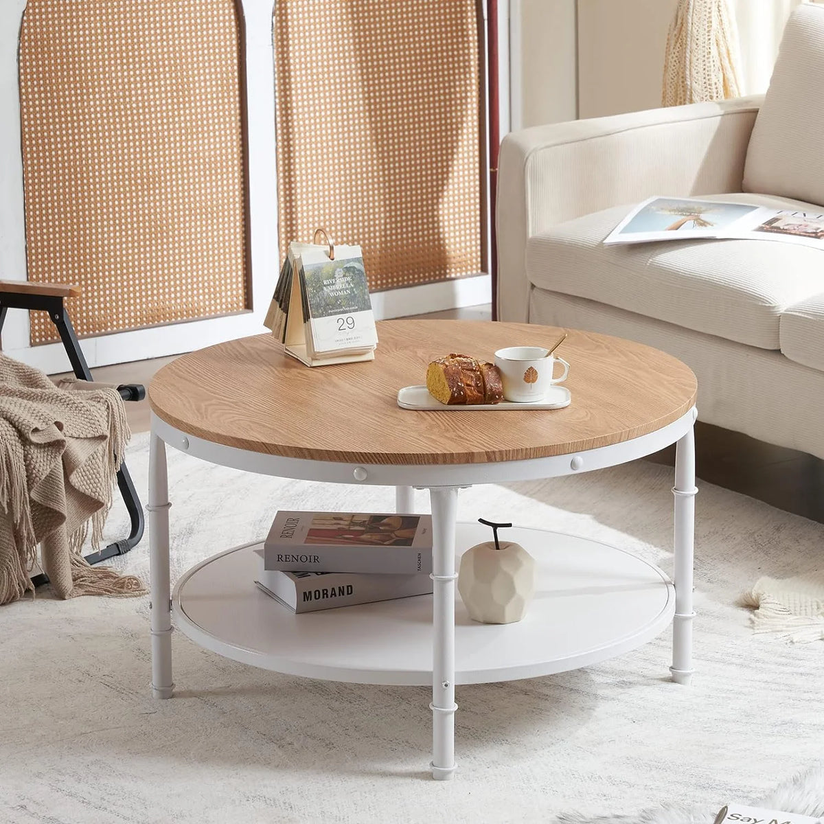 Natural White Round 2-Tier Storage Wood Coffee Table with Metal Frame J108