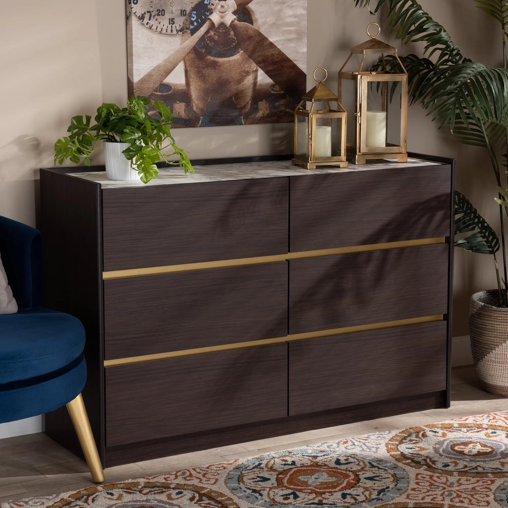 Dark Brown Gold Wood 6-Drawer Dresser with Faux Marble Top K27144