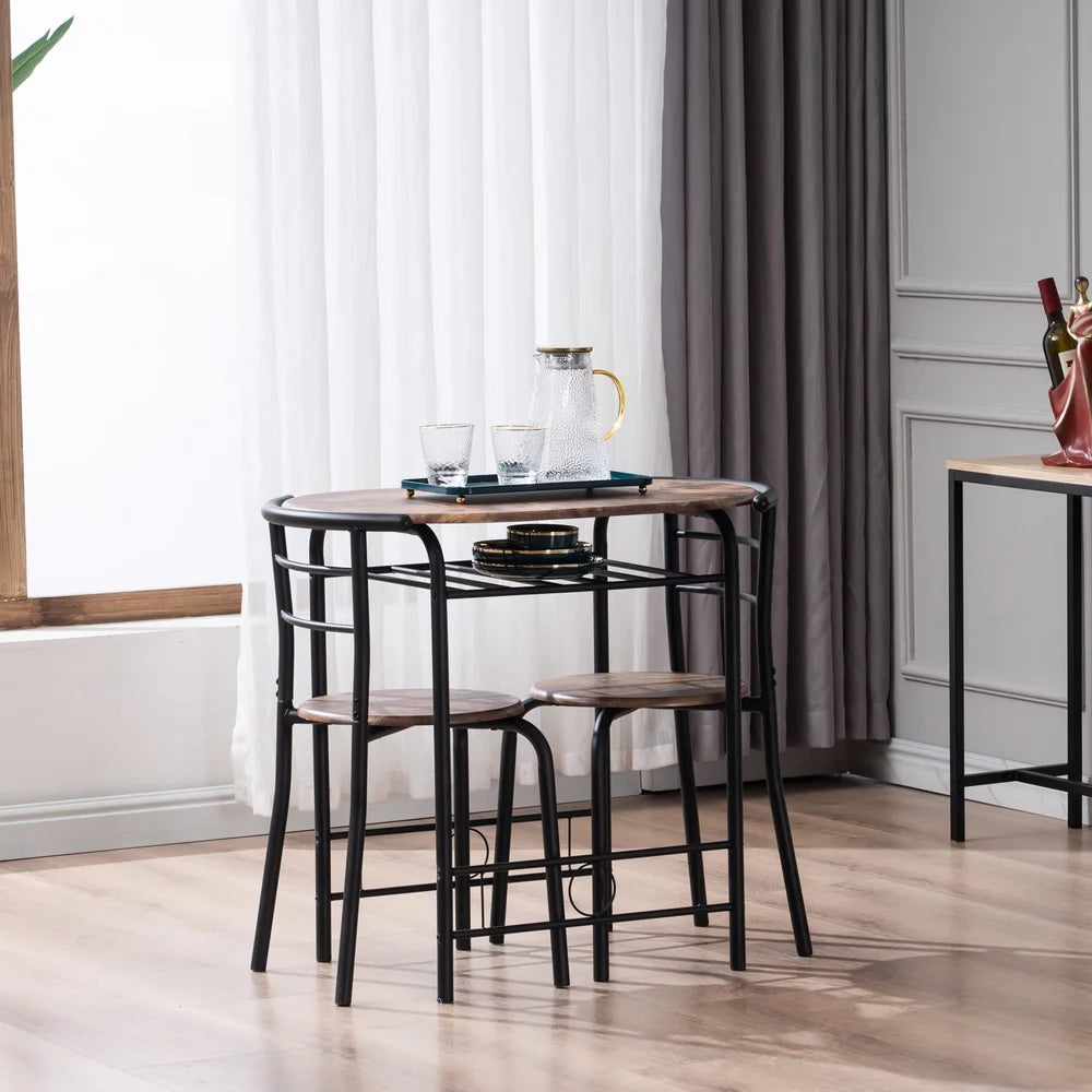 Brown 3 Piece Wood Top Dining Set with Storage Rack P8002