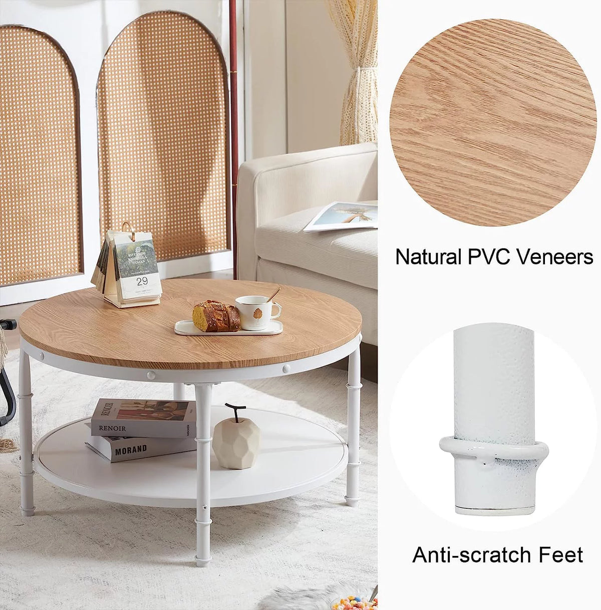 Natural White Round 2-Tier Storage Wood Coffee Table with Metal Frame J108